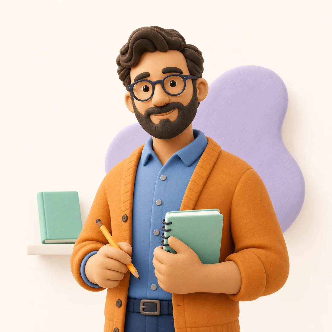 A friendly educator holding a notebook and pencil